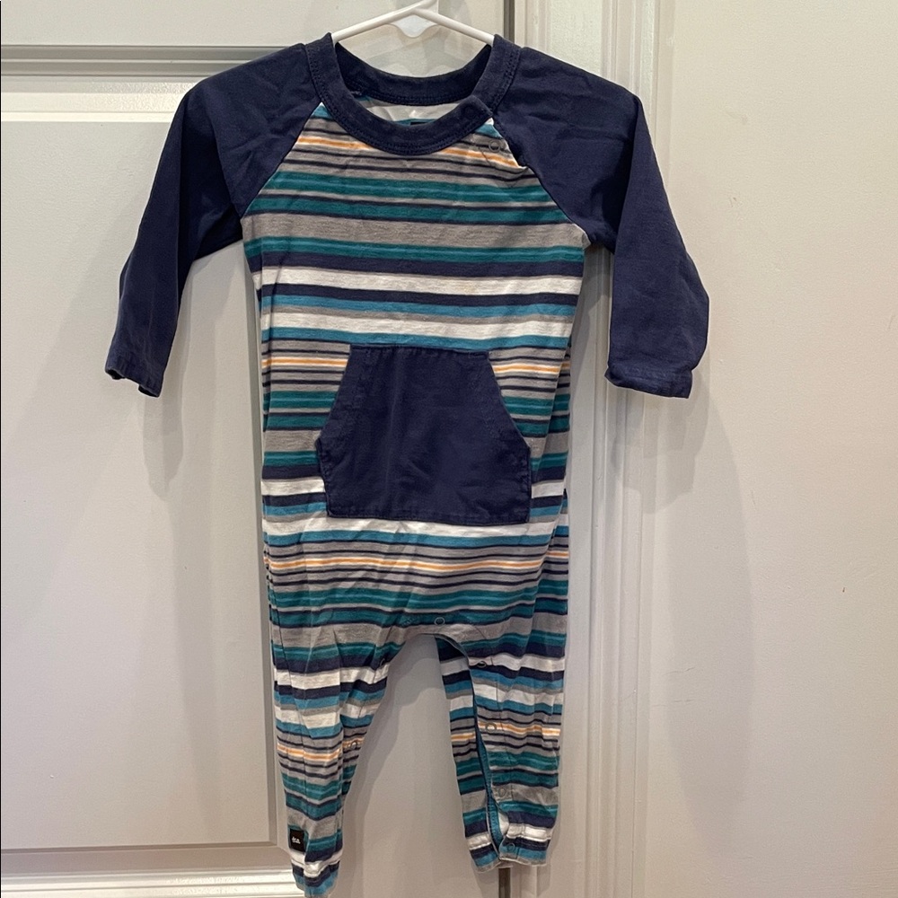 Tea Collection Blue and Orange Striped Baby Romper Size 9-12 Months